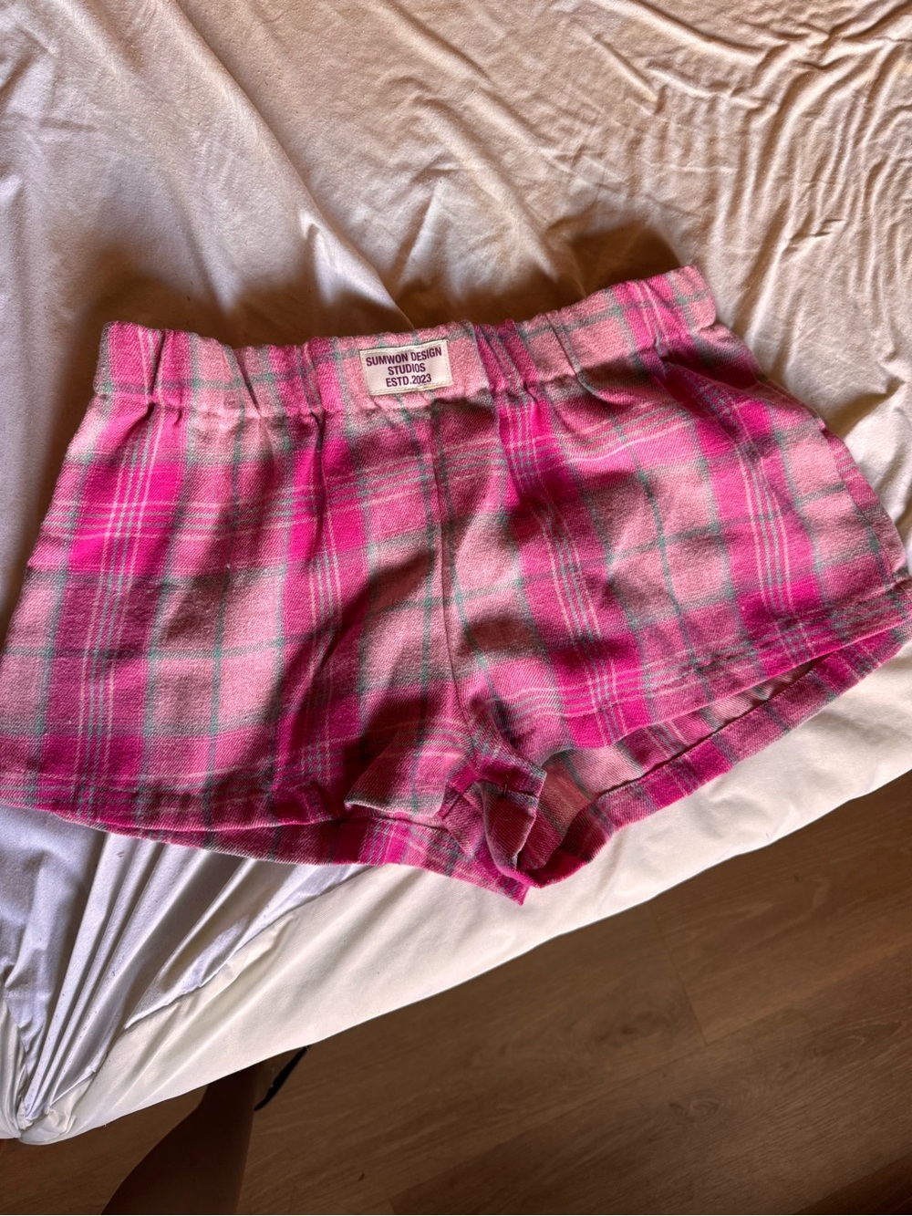 SHEIN Pink Plaid Athletic Lounge Shorts